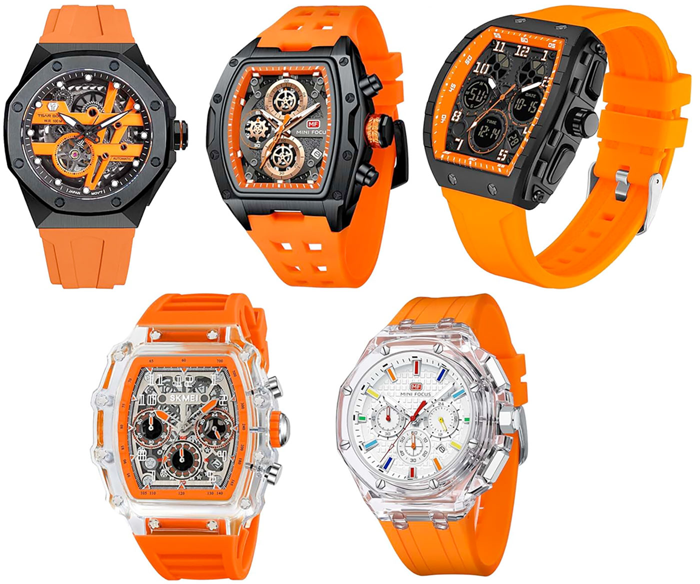skeleton watch with orange rubber strap