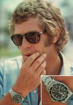 Steve McQueen with his Rolex Submariner 5512, and wearing Persol 714 folding sun