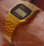 Jeff Goldblum as Zeus wears a gold Casio A159WGEA-1VT watch in Kaos.