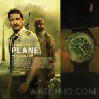 Gerard Butler wears a Jaeger-LeCoultre Polaris Chronograph WorldTime on the poster for the movie Plane.