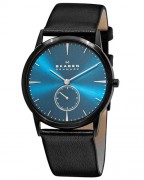 Skagen 958XLBLN black ion plated case with blue dial and black leather strap