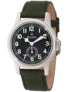 The Bulova 96A102 watch has a green canvas strap, 40mm steel case, black dial wi