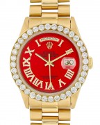 A similar Rolex Day-Date as in the film, with gold case, gold bracelet, a red dial, Roman numerals and a bezel set with diamonds