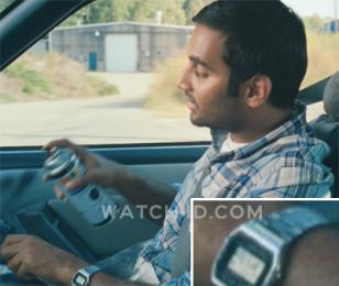 Aziz Ansari, who plays Chet in 30 Minutes or Less, wears a Casio A158AW-1 watch.