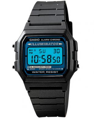 Casio F105W-1A Illuminator Digital Watch. This image shows watch with the blue E