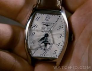 Close up of the Longines Evidenza in a later scene of the movie, the glass is br