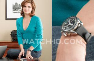 Stana Katic wears an Omega Speedmaster Professional in a promotional photo for s