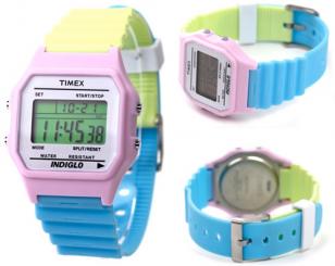 Timex 80 Lily The Pink has a pink case, blue and yellow band and metal buckle