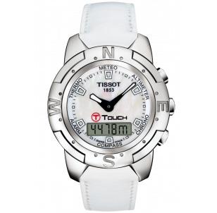 Tissot T-Touch with white leather strap and white mother of pearl dial