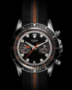 Tudor Heritage Chrono with fabric strap and black dial (grey subdials)