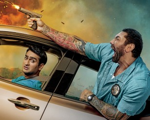 Dave Bautista wears a Armitron 45/7004BLU sports watch in the movie Stuber (seen here on the poster image)