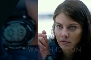 Lauren Cohan as Alice Curr wears an Armitron Black Digital Chronograph Watch with Resin Strap in the 2018 film Mile 22.