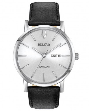 Bulova American Clipper 96C130 with steel case, silver dial and black strap.