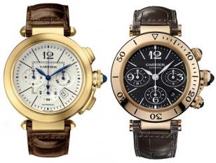 On the left the Cartier Pasha Chronograph Yellow Gold W3020151; on the right a C