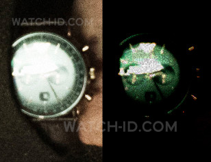In these enhanced images we can see details like the date window, subdials and tachymeter scale (left) and the Armani logo (right)