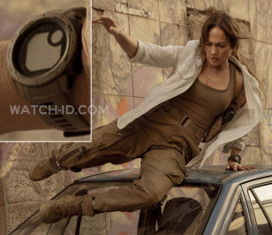 Jennifer Lopez wears a Garmin Instinct Tactical watch in the Netflix film The Mother (2023).