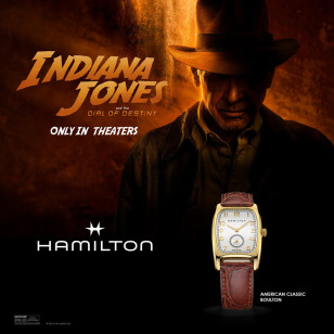 Harrison Ford wears a gold Hamilton Boulton H13431553 watch in the 2023 movie Indiana Jones and the Dial of Destiny.