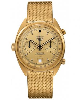 The image released by TAG Heuer shows a gold Heuer Carrera Chronograph with gold