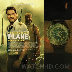 Gerard Butler wears a Jaeger-LeCoultre Polaris Chronograph WorldTime on the poster for the movie Plane.