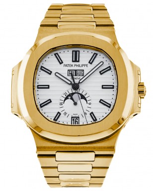 Patek Philippe Nautilus Annual Calendar Moonphase with White Dial (theb yellow gold has been photoshopped to make the watch resemble the movie watch)