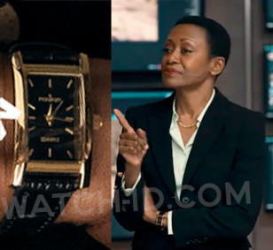 Barbara Eve Harris wears a Peugeot 3007BK Quartz watch in the Netflix series FUBAR (2023).