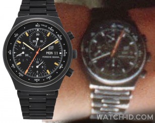The markings on the Top Gun movie watch on Tom Cruise's wrist (right) match the Porsche Design Chronograph 1 ref 7750 model (including the 1 Mile tachymeter markers and PD logo) seen on the left.