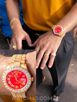 Rolex Day-Date on set of the film, here in a photo of costumer designer consultant Mordechai Rubinstein. The watch has a gemstone-set bracelet, Roman numerals on the dial