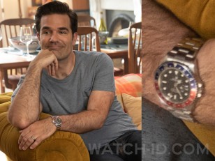Rob Delaney wears a Rolex GMT-Master II watch in the series Catastrophe.