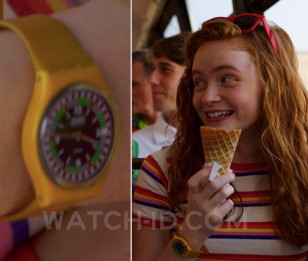 Sadie Sink, as Maxine "Max" Mayfield, wears a Swatch Yellow Racer in the third season of Stranger Things.