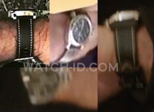 The watch worn by Mel Gibson has a leather strap with stitching, a steel case with crown protector and black dial
